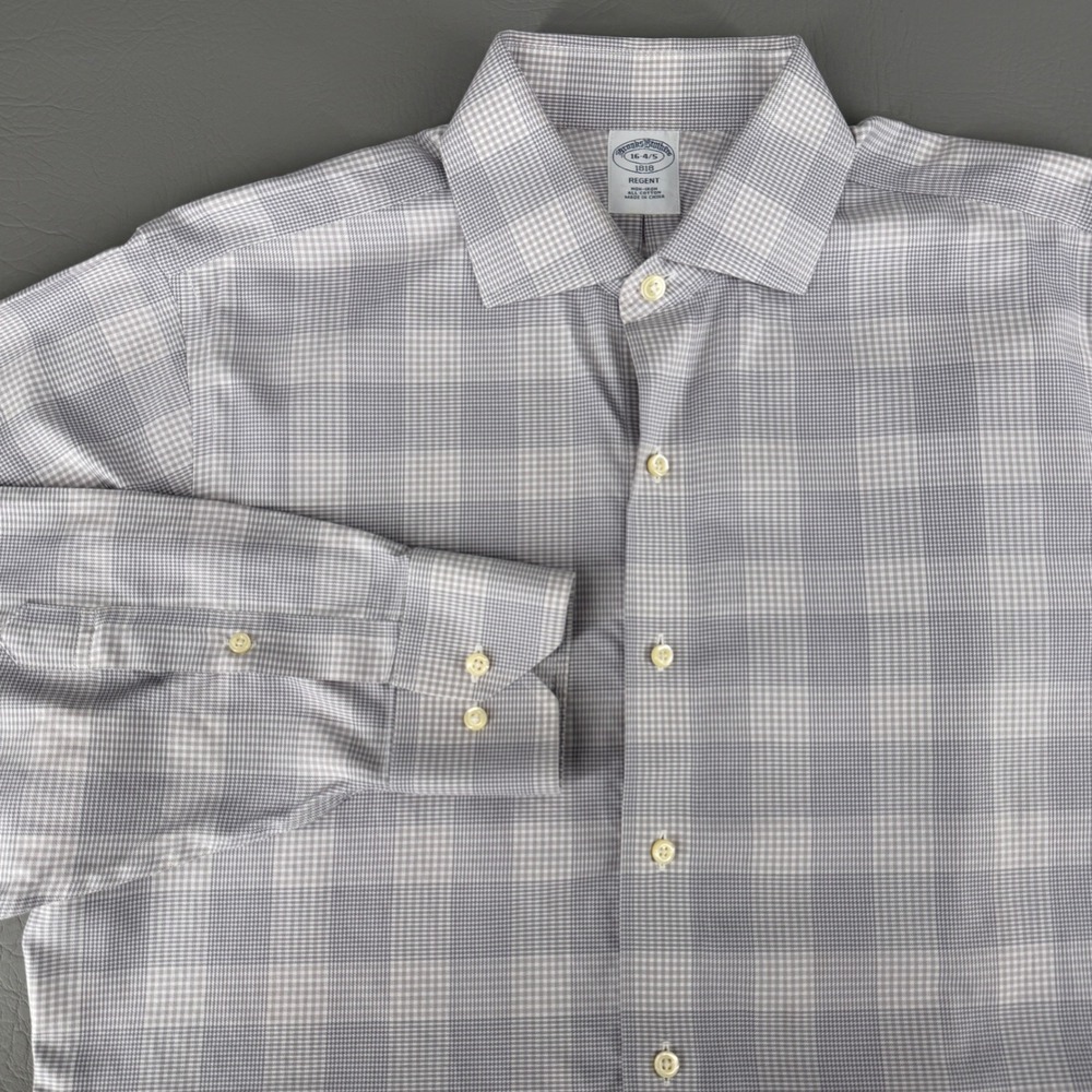 Brooks Brothers 1818 Regent Dress Shirt 16-4/5 Grey White Glen Plaid Non-Iron